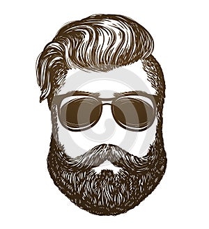 Hand drawn portrait of man with beard. Hipster, sunglasses sketch. Vintage vector illustration