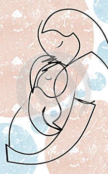 Hand drawn portrait of Mother holding a baby girl and hugging her tenderly.