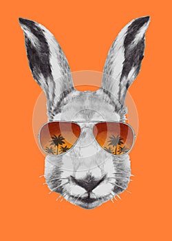 Hand drawn portrait of Rabbit with mirror sunglasses. Vector elements