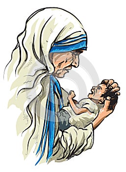 Hand drawn Portrait of Saint Mother Theresa with an orphan child photo