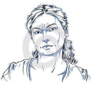 Hand-drawn portrait of white-skin doubtful woman, face emotions