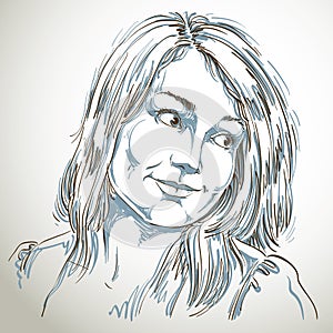 Hand-drawn portrait of white-skin romantic woman, face emotions