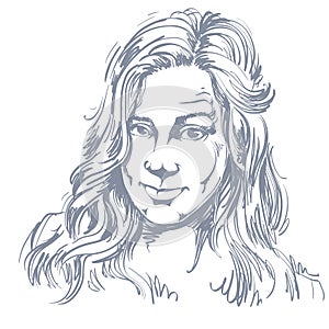 Hand-drawn portrait of white-skin skeptic woman, face emotions