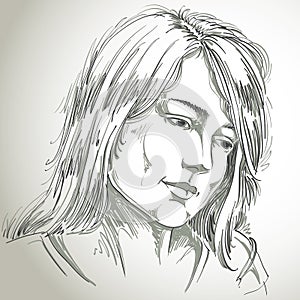 Hand-drawn portrait of white-skin sorrowful woman, sad face emotions theme illustration. Beautiful melancholic lady posing on