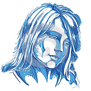 Hand-drawn portrait of white-skin sorrowful woman, sad face emotions theme illustration. Beautiful melancholic lady posing on