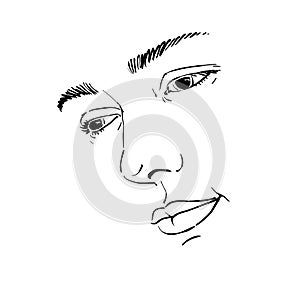 Hand-drawn portrait of white-skin sorrowful woman, sad face emotions theme illustration. Beautiful melancholic lady posing on
