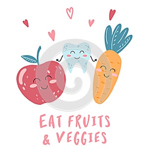 Hand drawn poster with happy tooth character, apple and carrot. Cartoon vector illustration of teeth, concept of healthy