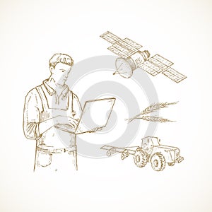 Hand Drawn Precision Agriculture Vector Illustration. Farmer with Laptop Operating Tractor with Satellite Engraving