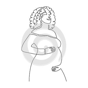 Hand drawn pregnant African American woman, one line, stylized continuous contour. Afro lady expecting child, picture of future