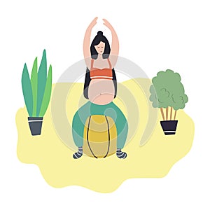 Hand drawn pregnant woman doing yoga on the fit ball.