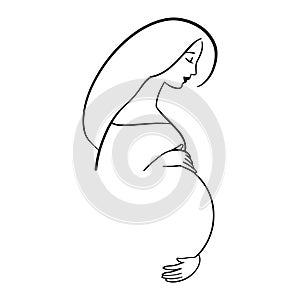 Hand drawn pregnant woman, profile portrait with hands on belly. Elegant logo