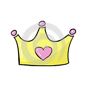 Hand-drawn princess crown. Vector cartoon gold crown in doodle style