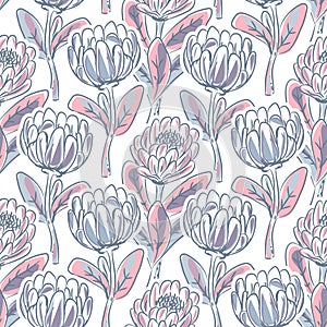 Hand drawn protea flower seamless vector pattern.