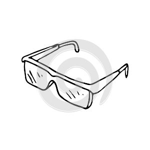 Hand drawn protective glasses doodle icon. Hand drawn black sketch. Sign symbol. Decoration element. White background. Isolated.
