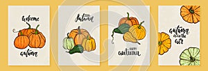 Hand drawn pumpkin in cartoon style with text hello autumn. Cute autumn poster. design for greeting card and invitation of