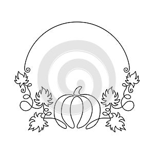 Hand drawn pumpkin round frame. One line harvest