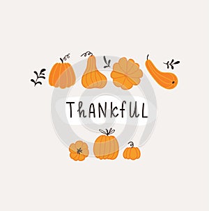 Hand drawn pumpkins and leaves. Cute card design for Halloween or Thankful day. Vector thanksgiving illustration