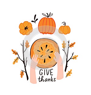 Hand drawn pumpkins and leaves. Cute card design for Halloween or Thankful day. Vector thanksgiving illustration.