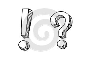 Hand drawn question mark and exclamation point. doodle , sketch style. Illustration  design photo