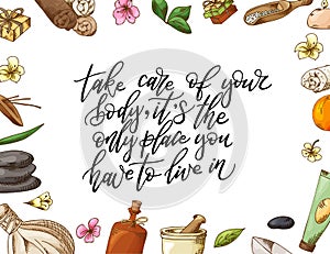 Hand drawn quote about spa. Graphic elements in sketch style for cosmetics and beauty salon. Vector illustration with