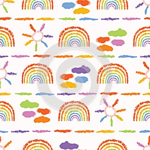 Hand drawn rainbow cloud sun illustration. Multicolor seamless vector pattern.