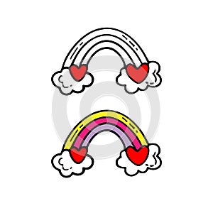 Hand drawn rainbows with hearts and clouds in doodle style. Valentine`s day.