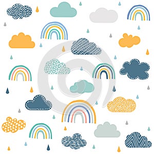 Hand drawn raindrop and cloud pattern