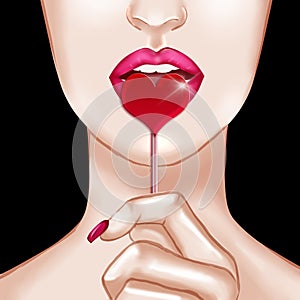 hand drawn Raster Illustration of woman lips holding lollipop