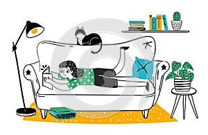 Hand drawn reader girl enjoying hobby lie in sofa