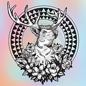 Hand drawn realistic deer surrounded by flowers and tribal geometric ornament. Beautiful highly detailed vector artwork.