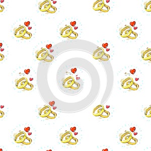 Hand drawn realistic engagement marriage rings with hearts seamless pattern on white background