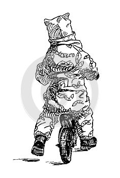 Hand drawn rear view illustration of small child in overalls and hat riding bicycle outdoors