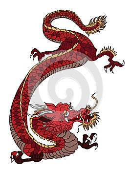 Hand drawn red dragon japanese tattoo style on white background