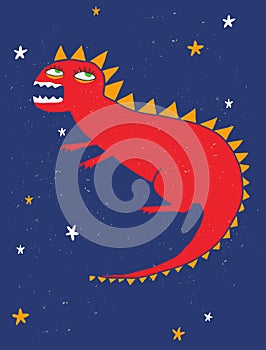 Hand Drawn Red Dragon Vector Illustration. Infantile Style Dino Poster.