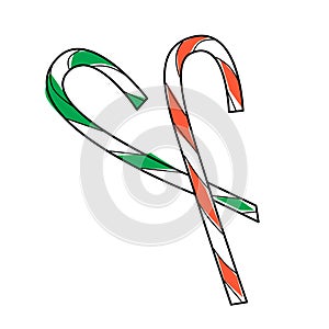 hand drawn red and green strips candy cane with black outline illustration