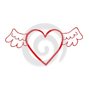 Hand drawn red heart with wings on white background. Scribble heart. Love concept for Valentine`s Day