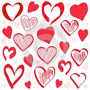 Hand drawn red hearts pattern background