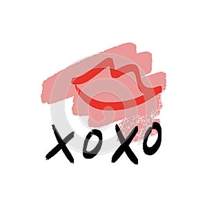 Hand drawn red lips kiss stylish symbol, hugs and kisses text