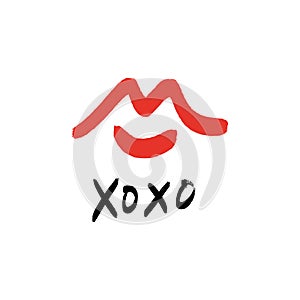 Hand drawn red lips kiss stylish symbol, hugs and kisses text