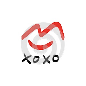 Hand drawn red lips kiss stylish symbol, hugs and kisses text