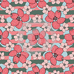 Hand drawn red and pink Apple flowers with blue shadows on green and pink striped background.