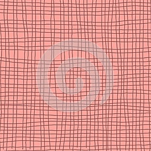 Hand drawn red plaid pattern. Check, square doodle background. Line art freehand grid. Crossing brown stripes brush