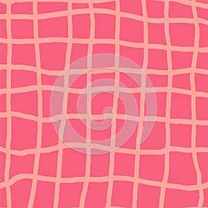 Hand drawn red plaid pattern. Check, square doodle background. Line art freehand grid. Crossing pink stripes brush