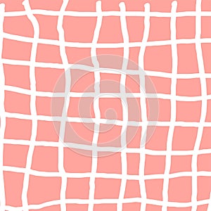 Hand drawn red plaid pattern. Check, square doodle background. Line art freehand grid. Crossing white stripes brush