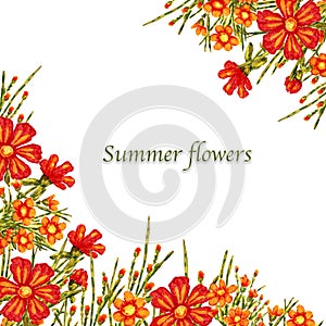 Hand drawn red summer flowers frame, scrapbooking, greeting card, invitation, high quality for print, floral style