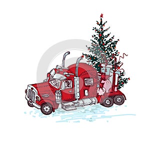 Hand drawn red truck with christmas tree and gifts isolated on white background. Vintage sketch xmas lorry transport