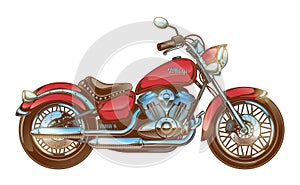 Hand-drawn red vintage motorcycle. Classic chopper.