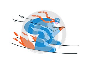Hand-drawn redhead girl skier in a blue suit. A young woman skis in an aerodynamic pose at full speed that the fire under the skis