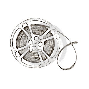 Hand drawn reel of film, tape, bobina. Monochrome photo