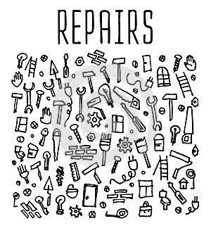 Hand drawn repairs construction tools seamless logo